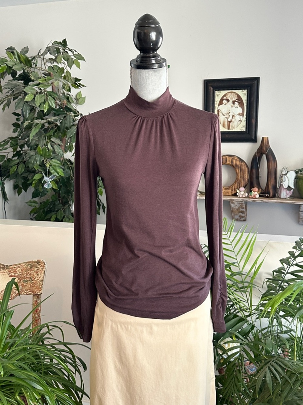 Women's Mock Neck Long Sleeve Top in Deep Plum